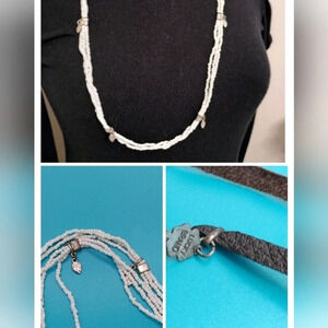 Lucky Brand 32" Long White Beaded Charm Leather tie closure Necklace